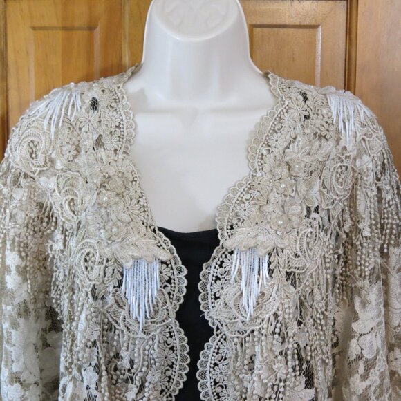 Pat Dahnke Handmade Ivory/Tan Lace Cardigan Kimono BeadedTexas Luxury One Size - Picture 2 of 11